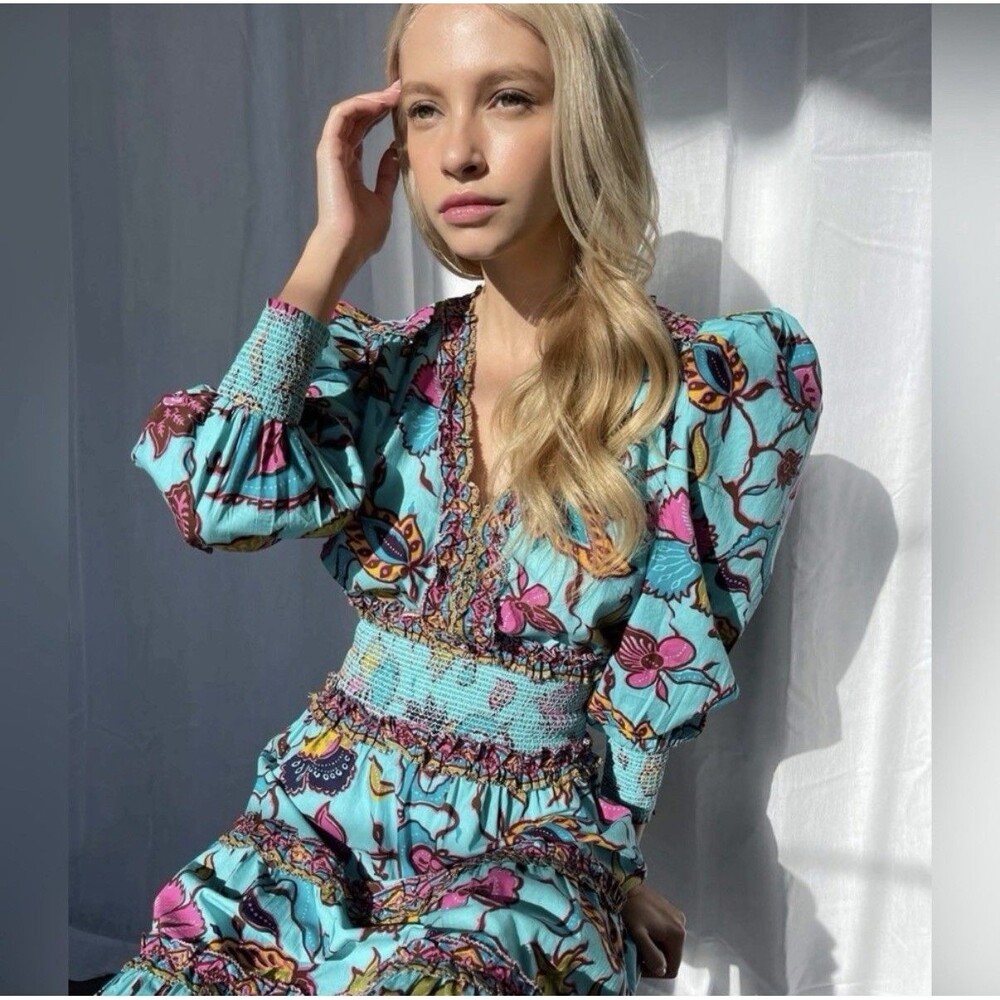 Love the Label Eleanora Boho Floral Dress Turquoise Blue Women's M